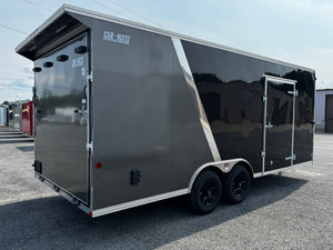 Car Mate Custom Enclosed Car Hauler Trailer 8.5'x20' Storage Trailer Charcoal 9990 GVWR, Dexter Torflex Axles, Winter Storage Package, Reinforced Roof, Drop Leg Jacks, Get-Out Awning Door, 110V Inlet/Outlet, Battery, Alum Wheels, Lifetime/5-Year Warranty Car Mate Trailers