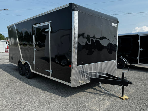 Car Mate Custom Enclosed Car Hauler Trailer 8.5'x20' Storage Trailer Charcoal 9990 GVWR, Dexter Torflex Axles, Winter Storage Package, Reinforced Roof, Drop Leg Jacks, Get-Out Awning Door, 110V Inlet/Outlet, Battery, Alum Wheels, Lifetime/5-Year Warranty Car Mate Trailers