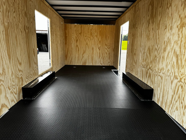 Car Mate Custom Enclosed Car Hauler Trailer 8.5'x20' Storage Trailer Charcoal 9990 GVWR, Dexter Torflex Axles, Winter Storage Package, Reinforced Roof, Drop Leg Jacks, Get-Out Awning Door, 110V Inlet/Outlet, Battery, Alum Wheels, Lifetime/5-Year Warranty Car Mate Trailers