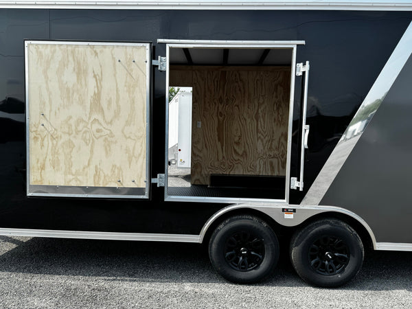 Car Mate Custom Enclosed Car Hauler Trailer 8.5'x20' Storage Trailer Charcoal 9990 GVWR, Dexter Torflex Axles, Winter Storage Package, Reinforced Roof, Drop Leg Jacks, Get-Out Awning Door, 110V Inlet/Outlet, Battery, Alum Wheels, Lifetime/5-Year Warranty Car Mate Trailers