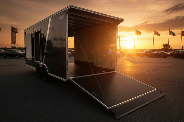 Car Mate Custom Enclosed Car Hauler Trailer 8.5'x20' Storage Trailer Charcoal 9990 GVWR, Dexter Torflex Axles, Winter Storage Package, Reinforced Roof, Drop Leg Jacks, Get-Out Awning Door, 110V Inlet/Outlet, Battery, Alum Wheels, Lifetime/5-Year Warranty Car Mate Trailers