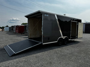 Car Mate Custom Enclosed Car Hauler Trailer 8.5'x20' Storage Trailer Charcoal 9990 GVWR, Dexter Torflex Axles, Winter Storage Package, Reinforced Roof, Drop Leg Jacks, Get-Out Awning Door, 110V Inlet/Outlet, Battery, Alum Wheels, Lifetime/5-Year Warranty Car Mate Trailers
