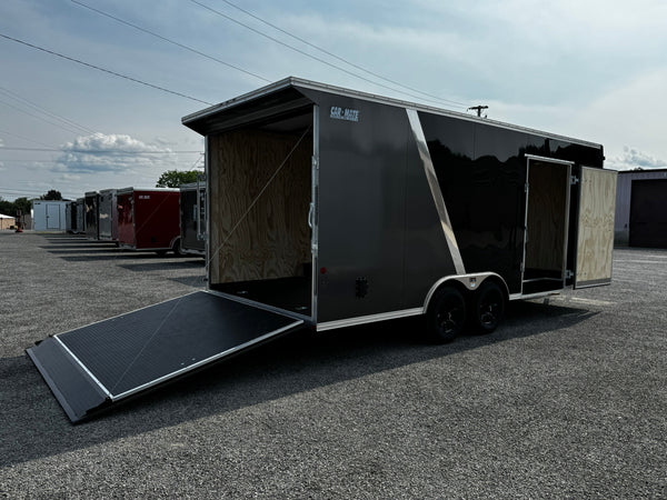 Car Mate Custom Enclosed Car Hauler Trailer 8.5'x20' Storage Trailer Charcoal 9990 GVWR, Dexter Torflex Axles, Winter Storage Package, Reinforced Roof, Drop Leg Jacks, Get-Out Awning Door, 110V Inlet/Outlet, Battery, Alum Wheels, Lifetime/5-Year Warranty Car Mate Trailers