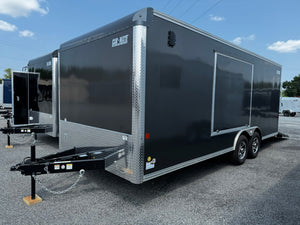 Enclosed Car Hauler Trailer 8.5'x20' Charcoal Car Mate Custom 9990 GVWR, Dexter Torflex Axles, Winter Storage Package, Reinforced Roof, Drop Leg Jacks, Get-Out Awning Door, 110V Inlet/Outlet, Battery, 3 Way Wall Switch, Lifetime/5-Year Warranty Car Mate Trailers