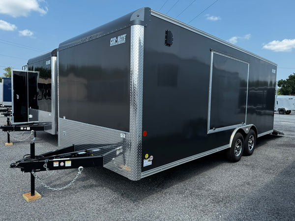 Enclosed Car Hauler Trailer 8.5'x20' Charcoal Car Mate Custom 9990 GVWR, Dexter Torflex Axles, Winter Storage Package, Reinforced Roof, Drop Leg Jacks, Get-Out Awning Door, 110V Inlet/Outlet, Battery, 3 Way Wall Switch, Lifetime/5-Year Warranty Car Mate Trailers