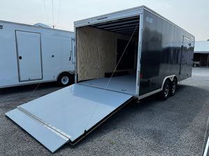 Enclosed Car Hauler Trailer 8.5'x20' Charcoal Car Mate Custom 9990 GVWR, Dexter Torflex Axles, Winter Storage Package, Reinforced Roof, Drop Leg Jacks, Get-Out Awning Door, 110V Inlet/Outlet, Battery, 3 Way Wall Switch, Lifetime/5-Year Warranty Car Mate Trailers