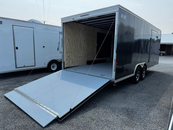 Enclosed Car Hauler Trailer 8.5'x20' Charcoal Car Mate Custom 9990 GVWR, Dexter Torflex Axles, Winter Storage Package, Reinforced Roof, Drop Leg Jacks, Get-Out Awning Door, 110V Inlet/Outlet, Battery, 3 Way Wall Switch, Lifetime/5-Year Warranty Car Mate Trailers