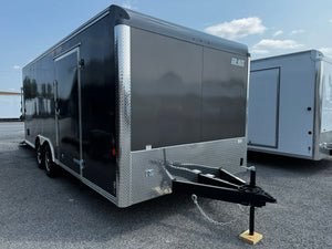 Enclosed Car Hauler Trailer 8.5'x20' Charcoal Car Mate Custom 9990 GVWR, Dexter Torflex Axles, Winter Storage Package, Reinforced Roof, Drop Leg Jacks, Get-Out Awning Door, 110V Inlet/Outlet, Battery, 3 Way Wall Switch, Lifetime/5-Year Warranty Car Mate Trailers