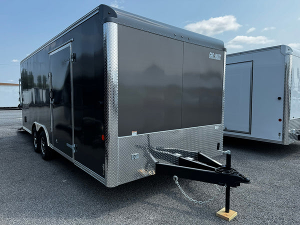 Enclosed Car Hauler Trailer 8.5'x20' Charcoal Car Mate Custom 9990 GVWR, Dexter Torflex Axles, Winter Storage Package, Reinforced Roof, Drop Leg Jacks, Get-Out Awning Door, 110V Inlet/Outlet, Battery, 3 Way Wall Switch, Lifetime/5-Year Warranty Car Mate Trailers