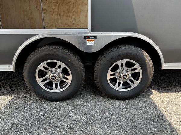 Enclosed Car Hauler Trailer 8.5'x20' Charcoal Car Mate Custom 9990 GVWR, Dexter Torflex Axles, Winter Storage Package, Reinforced Roof, Drop Leg Jacks, Get-Out Awning Door, 110V Inlet/Outlet, Battery, 3 Way Wall Switch, Lifetime/5-Year Warranty Car Mate Trailers