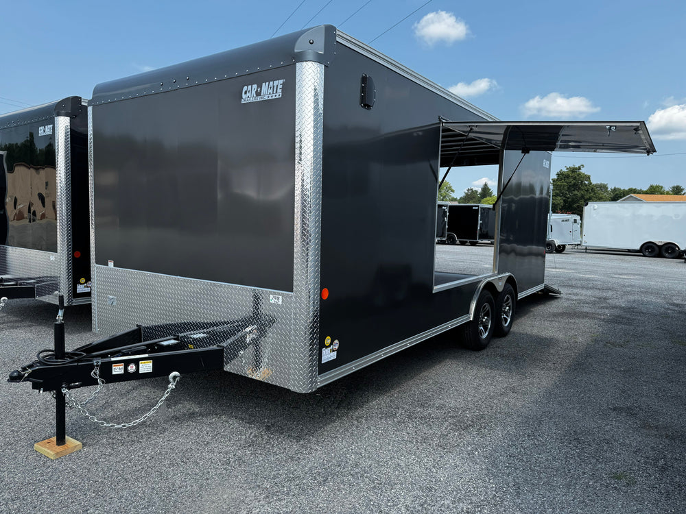Enclosed Car Hauler Trailer 8.5'x20' Charcoal Car Mate Custom 9990 GVWR, Dexter Torflex Axles, Winter Storage Package, Reinforced Roof, Drop Leg Jacks, Get-Out Awning Door, 110V Inlet/Outlet, Battery, 3 Way Wall Switch, Lifetime/5-Year Warranty Car Mate Trailers