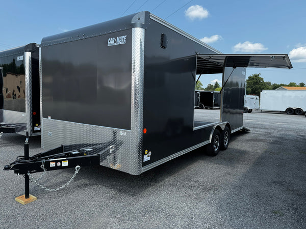 Enclosed Car Hauler Trailer 8.5'x20' Charcoal Car Mate Custom 9990 GVWR, Dexter Torflex Axles, Winter Storage Package, Reinforced Roof, Drop Leg Jacks, Get-Out Awning Door, 110V Inlet/Outlet, Battery, 3 Way Wall Switch, Lifetime/5-Year Warranty Car Mate Trailers