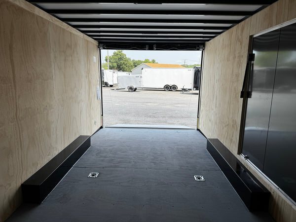 Enclosed Car Hauler Trailer 8.5'x20' Charcoal Car Mate Custom 9990 GVWR, Dexter Torflex Axles, Winter Storage Package, Reinforced Roof, Drop Leg Jacks, Get-Out Awning Door, 110V Inlet/Outlet, Battery, 3 Way Wall Switch, Lifetime/5-Year Warranty Car Mate Trailers
