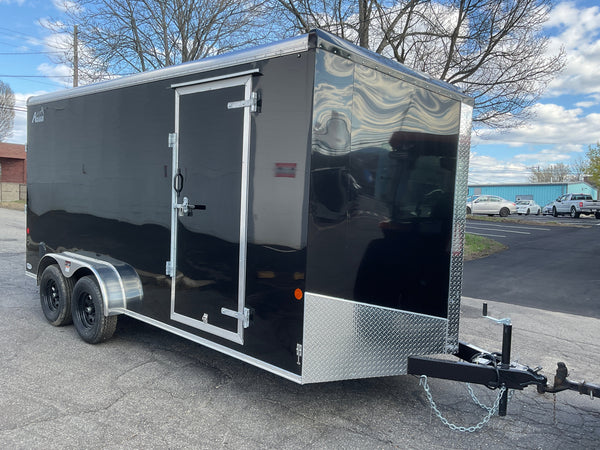 Enclosed Cargo Trailer 7'x16' BLACK RAMP Car Mate Sloped V-Nose 7' Interior UTV Escape Door Car Mate Trailers