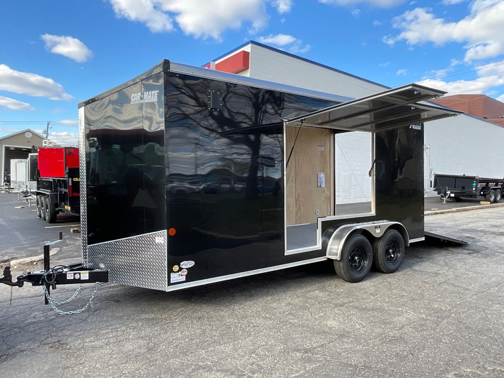 Enclosed Cargo Trailer 7'x16' BLACK RAMP Car Mate Sloped V-Nose 7' Interior UTV Escape Door Car Mate Trailers
