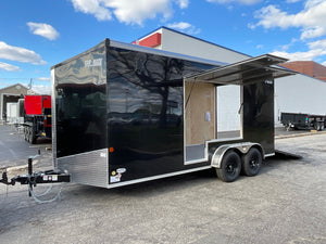 Enclosed Cargo Trailer 7'x16' BLACK RAMP Car Mate Sloped V-Nose 7' Interior UTV Escape Door Car Mate Trailers