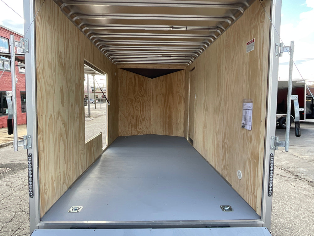Enclosed Cargo Trailer 7'x16' BLACK RAMP Car Mate Sloped V-Nose 7' Interior UTV Escape Door Car Mate Trailers