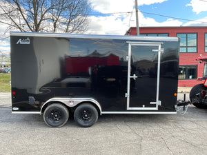 Enclosed Cargo Trailer 7'x16' BLACK RAMP Car Mate Sloped V-Nose 7' Interior UTV Escape Door Car Mate Trailers