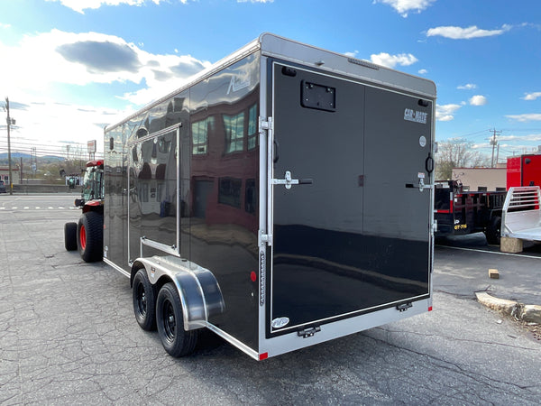 Enclosed Cargo Trailer 7'x16' BLACK RAMP Car Mate Sloped V-Nose 7' Interior UTV Escape Door Car Mate Trailers