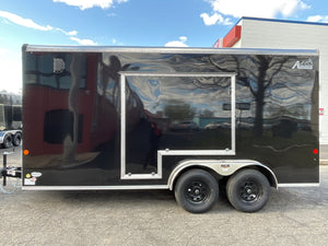 Enclosed Cargo Trailer 7'x16' BLACK RAMP Car Mate Sloped V-Nose 7' Interior UTV Escape Door Car Mate Trailers