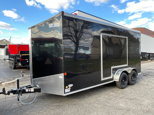 Enclosed Cargo Trailer 7'x16' BLACK RAMP Car Mate Sloped V-Nose 7' Interior UTV Escape Door Car Mate Trailers