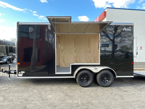 Enclosed Cargo Trailer 7'x16' BLACK RAMP Car Mate Sloped V-Nose 7' Interior UTV Escape Door Car Mate Trailers