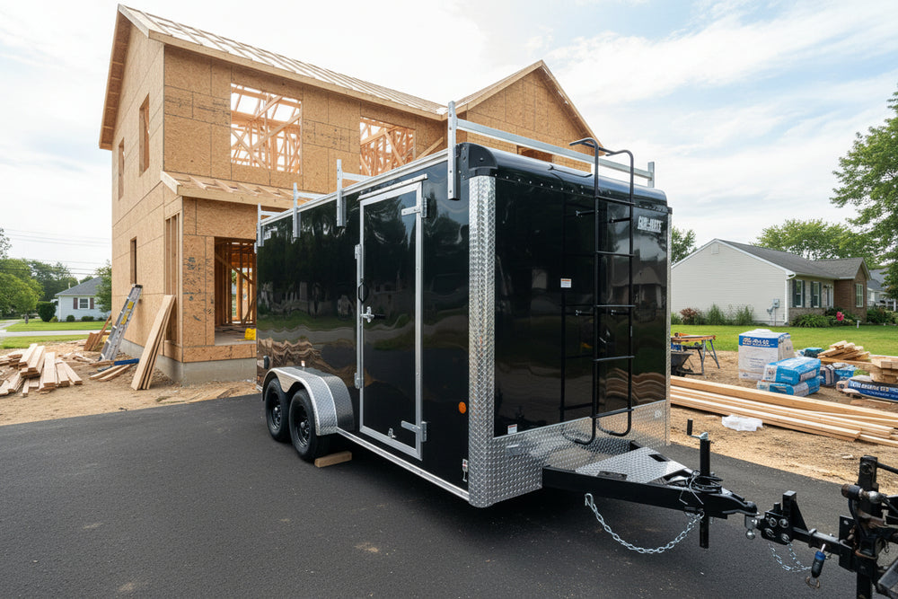 A black enclosed trailer parked outdoors on a paved driveway, with a silver diamond-plate bumper frame, rear ladder, side door, and hitch mechanism visible. Houses, trees, and sky are in the background.