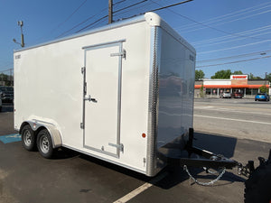 Enclosed Cargo Trailer 7'x16' White Ramp Door Car Mate Custom 18" Up 66" Escape Door Car Mate Trailers