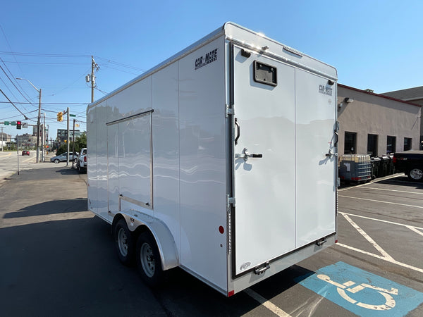 Enclosed Cargo Trailer 7'x16' White Ramp Door Car Mate Custom 18" Up 66" Escape Door Car Mate Trailers