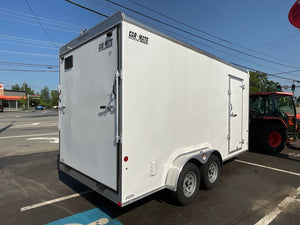 Enclosed Cargo Trailer 7'x16' White Ramp Door Car Mate Custom 18" Up 66" Escape Door Car Mate Trailers