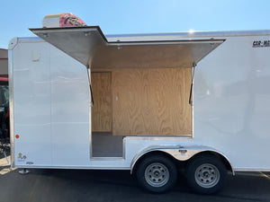 Enclosed Cargo Trailer 7'x16' White Ramp Door Car Mate Custom 18" Up 66" Escape Door Car Mate Trailers
