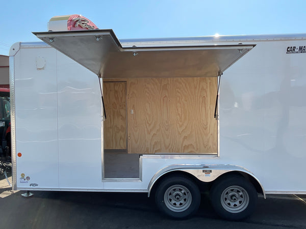 Enclosed Cargo Trailer 7'x16' White Ramp Door Car Mate Custom 18" Up 66" Escape Door Car Mate Trailers
