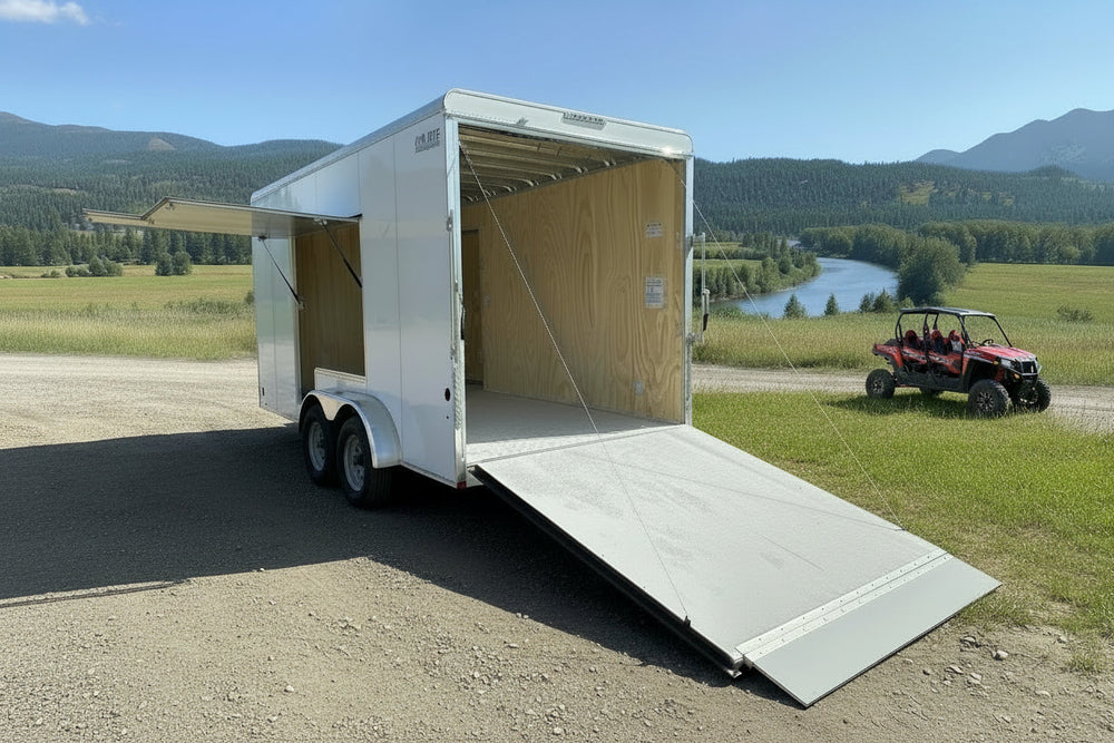 Enclosed Cargo Trailer 7'x16' White Ramp Door Car Mate Custom 18" Up 66" Escape Door Car Mate Trailers