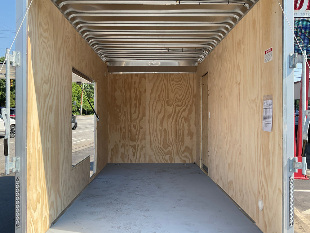 Enclosed Cargo Trailer 7'x16' White Ramp Door Car Mate Custom 18" Up 66" Escape Door Car Mate Trailers