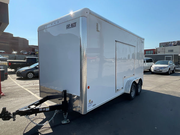 Enclosed Cargo Trailer 7'x16' White Ramp Door Car Mate Custom 18" Up 66" Escape Door Car Mate Trailers