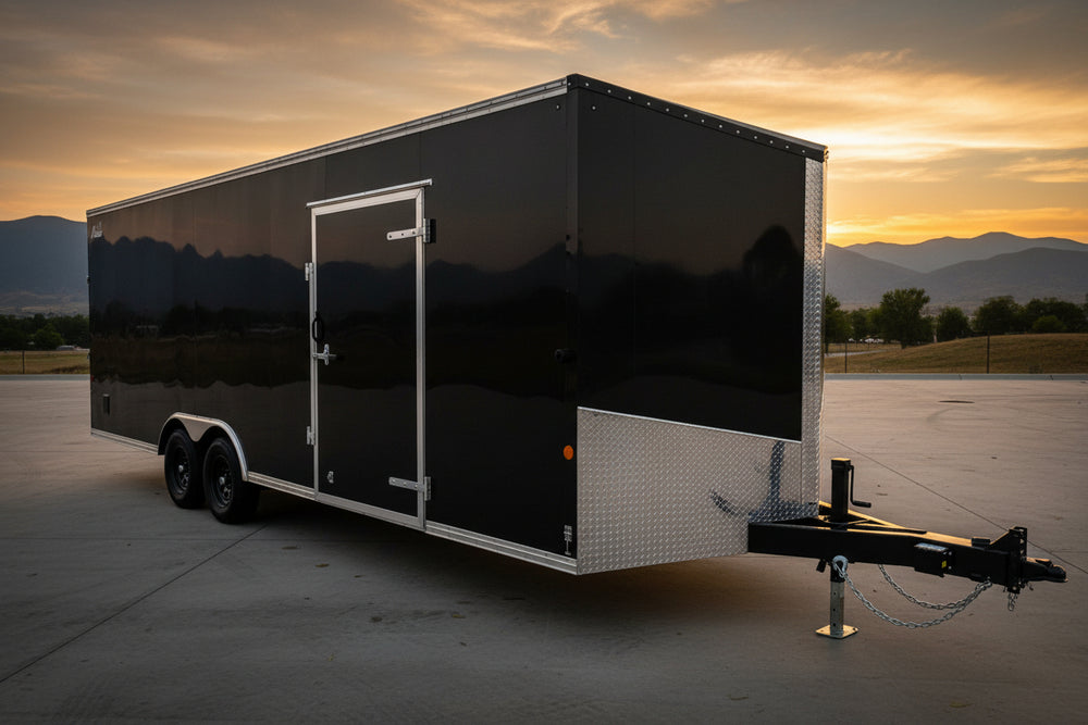 A black enclosed cargo trailer with silver trim, a side door, and a diamond-plate lower front bumper, parked outdoors on wet asphalt next to a red brick building.