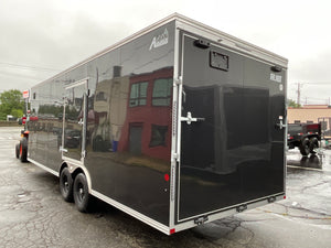 Car Mate Trailers Custom Enclosed Car Hauler Trailer 8.5'x24' Black Car Mate Avalanche 9990 GVWR, 7' Interior Height, Extended Tongue, Adj. Coupler, 8k Tongue Jack, Get-Out Man Door, 4 HD D-Rings, Lifetime + 5 Year Warranty