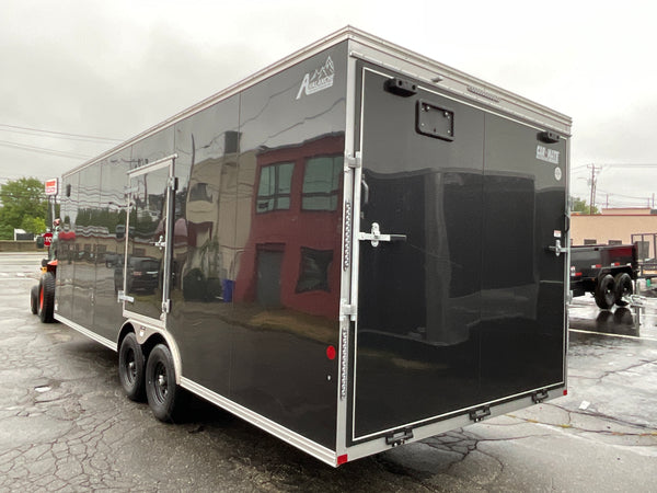 Car Mate Trailers Custom Enclosed Car Hauler Trailer 8.5'x24' Black Car Mate Avalanche 9990 GVWR, 7' Interior Height, Extended Tongue, Adj. Coupler, 8k Tongue Jack, Get-Out Man Door, 4 HD D-Rings, Lifetime + 5 Year Warranty