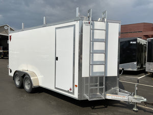 Aluminum Durabull Enclosed Contractor 7'x16'+2'V White Barn Door with Ramps DuraBull Trailers