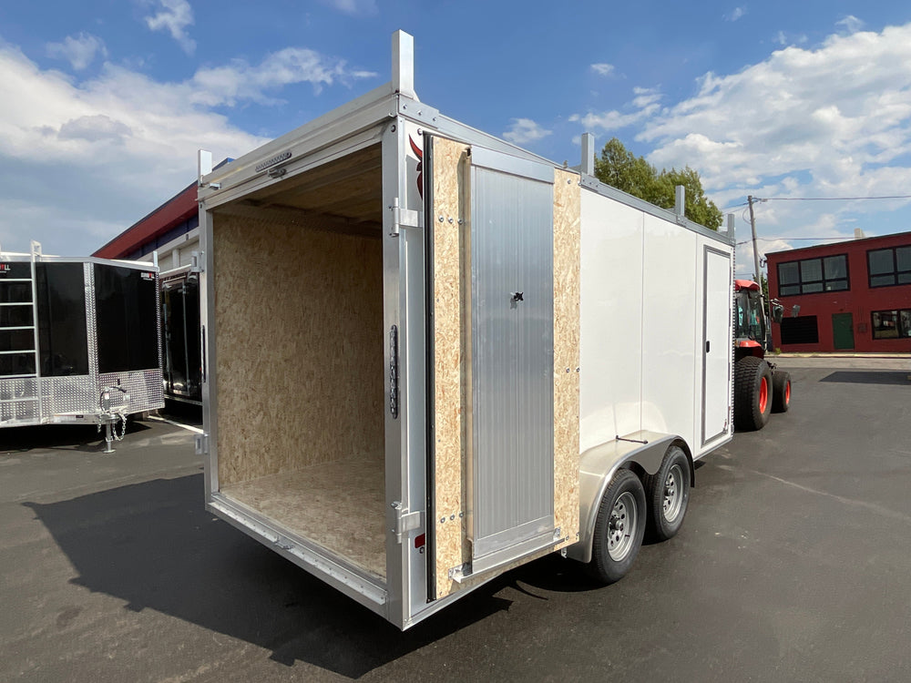 Aluminum Durabull Enclosed Contractor 7'x16'+2'V White Barn Door with Ramps DuraBull Trailers