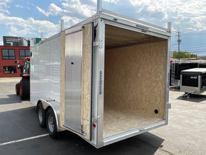 Aluminum Durabull Enclosed Contractor 7'x16'+2'V White Barn Door with Ramps DuraBull Trailers
