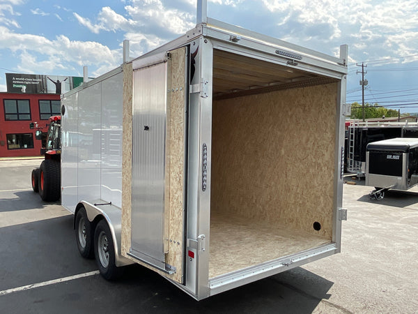 Aluminum Durabull Enclosed Contractor 7'x16'+2'V White Barn Door with Ramps DuraBull Trailers
