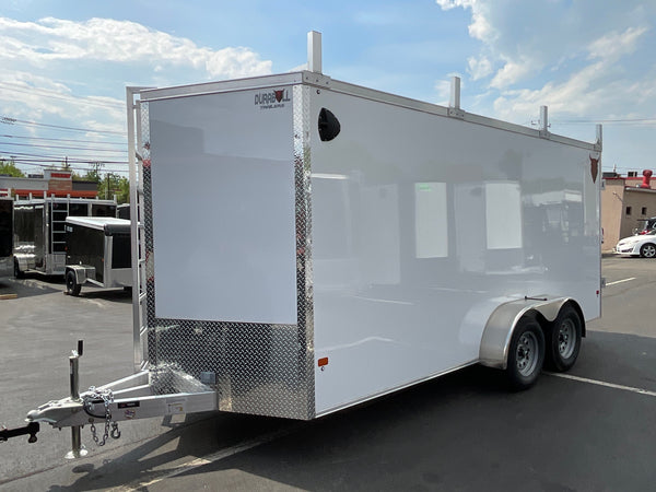 Aluminum Durabull Enclosed Contractor 7'x16'+2'V White Barn Door with Ramps DuraBull Trailers