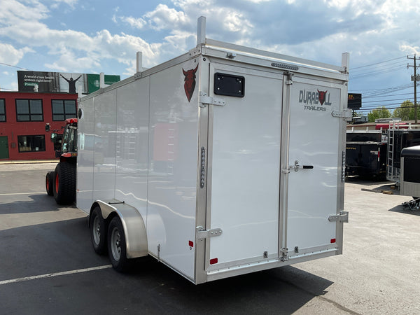 Aluminum Durabull Enclosed Contractor 7'x16'+2'V White Barn Door with Ramps DuraBull Trailers