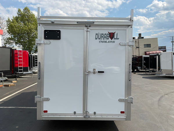 Aluminum Durabull Enclosed Contractor 7'x16'+2'V White Barn Door with Ramps DuraBull Trailers