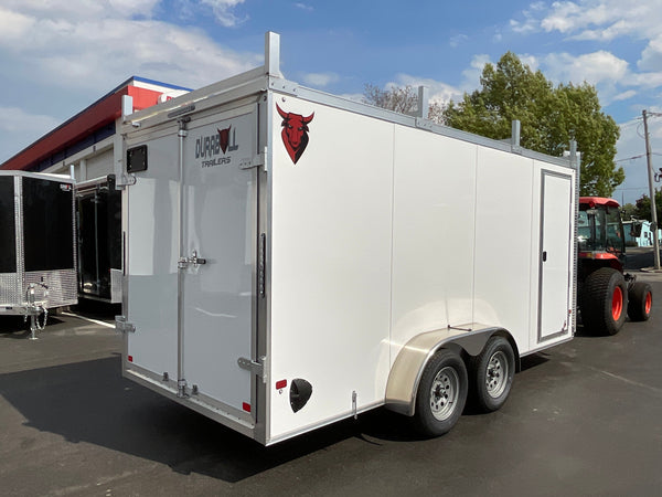 Aluminum Durabull Enclosed Contractor 7'x16'+2'V White Barn Door with Ramps DuraBull Trailers