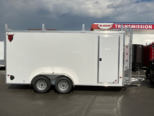 Aluminum Durabull Enclosed Contractor 7'x16'+2'V White Barn Door with Ramps DuraBull Trailers