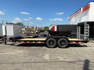 Moritz International Commercial Grade Equipment Trailer 81.5"x20' Moritz Black 14,000 GVWR, Cold Formed 8" I Beam, Aluminum Tool Box, Aluminum Ramps, Torsion Axles, 4 Bolt Forged Coupler, Tie Downs Between Fenders, HD Stake Pockets, 2 Year Warranty Moritz International
