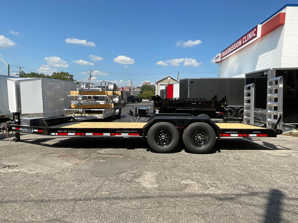 Moritz International Commercial Grade Equipment Trailer 81.5"x20' Moritz Black 14,000 GVWR, Cold Formed 8" I Beam, Aluminum Tool Box, Aluminum Ramps, Torsion Axles, 4 Bolt Forged Coupler, Tie Downs Between Fenders, HD Stake Pockets, 2 Year Warranty Moritz International