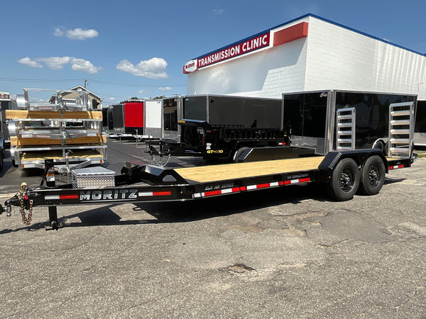 Moritz International Commercial Grade Equipment Trailer 81.5"x20' Moritz Black 14,000 GVWR, Cold Formed 8" I Beam, Aluminum Tool Box, Aluminum Ramps, Torsion Axles, 4 Bolt Forged Coupler, Tie Downs Between Fenders, HD Stake Pockets, 2 Year Warranty Moritz International